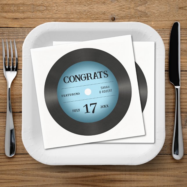Retro Blue Vinyl Record Hochzeitsgratulation Serviette (Retro Blue Vinyl Record Wedding Congratulations Napkins
)