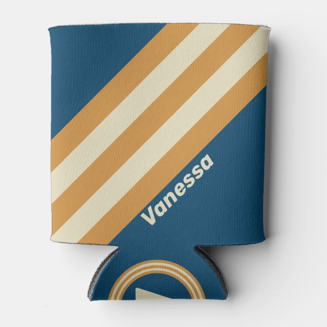 Retro Blue Wave Stripes with Name Dosenkühler (Vorderseite)