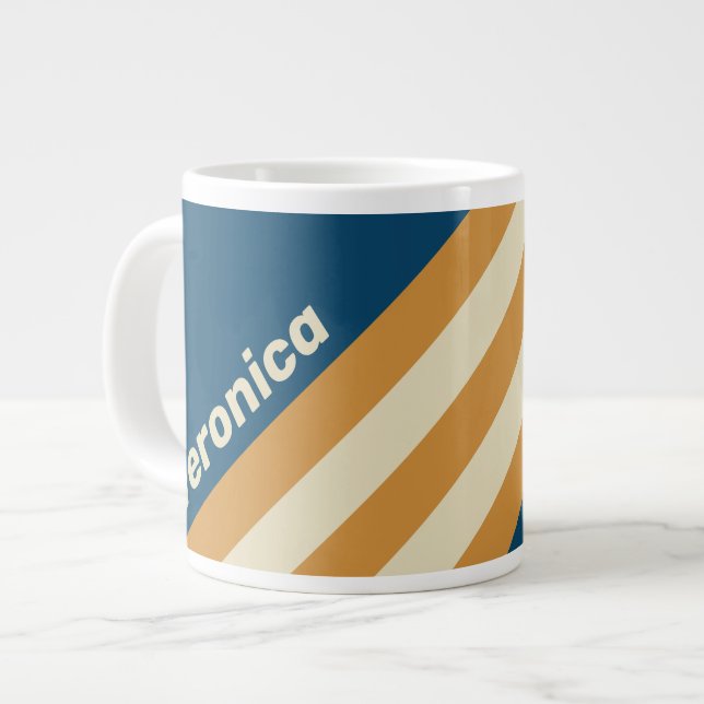Retro Blue Wave Stripes with Name Jumbo-Tasse (Vorderseite Links)
