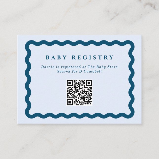 Retro Blue Wavy Frame Baby Registry QR Code Begleitkarte (Vorderseite)