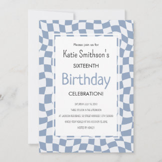 Retro Blue Wavy Karo Geburtstag Einladung