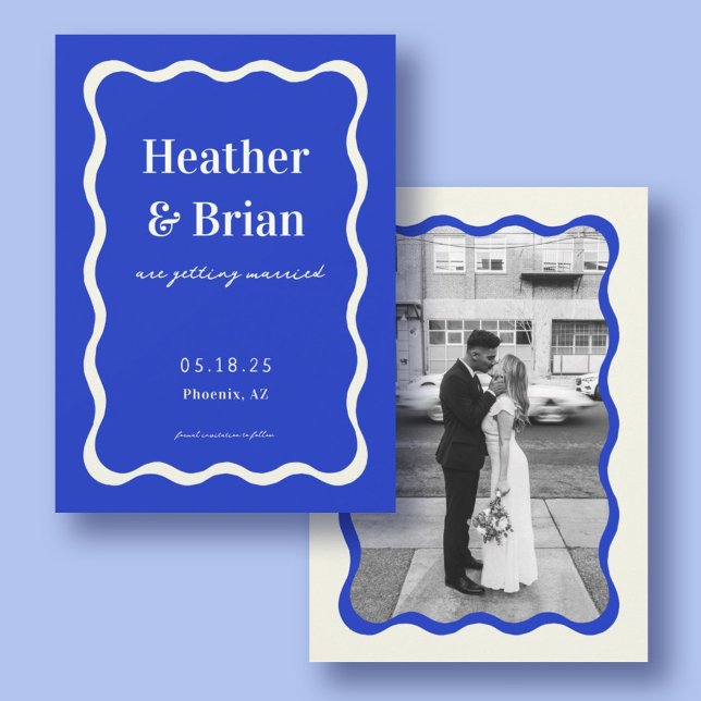 Retro Blue Wavy Squiggle Foto Wedding Save The Date (Von Creator hochgeladen)