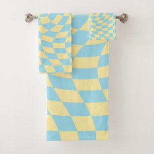 Retro Blue Yellow Pastor Warped Checkerboard Badhandtuch Set