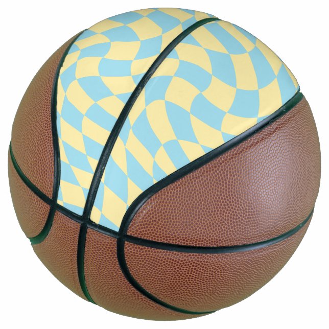 Retro Blue Yellow Pastor Warped Checkerboard Basketball (angewinkelt)