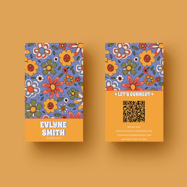 Retro Blue Yellow QR Code Groovy Floral Trendy Visitenkarte (Von Creator hochgeladen)