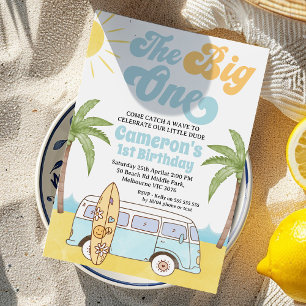 Retro Blue Yellow Surf Big One 1. Geburtstag Einladung