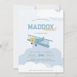 Retro Blues Flugzeit Fliegt zum ersten Geburtstag Einladung