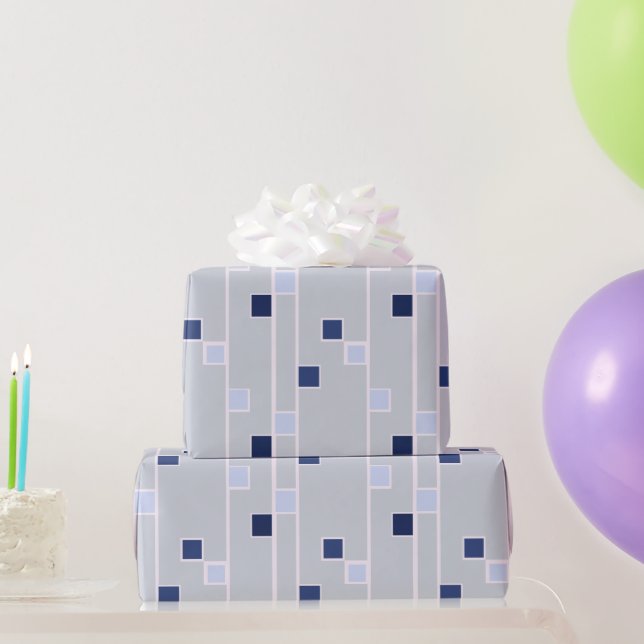 Retro Blues Streifen und Quadrate Geschenkpapier (Partygeschenke)