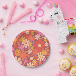 Retro Blume 60er 70er Ästhetisches Blumenmuster Pappteller