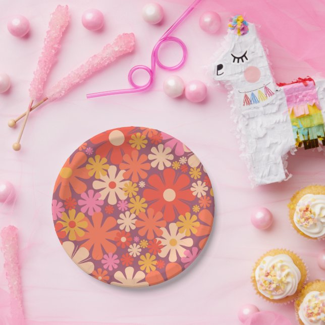 Retro Blume 60er 70er Ästhetisches Blumenmuster Pappteller (Party)