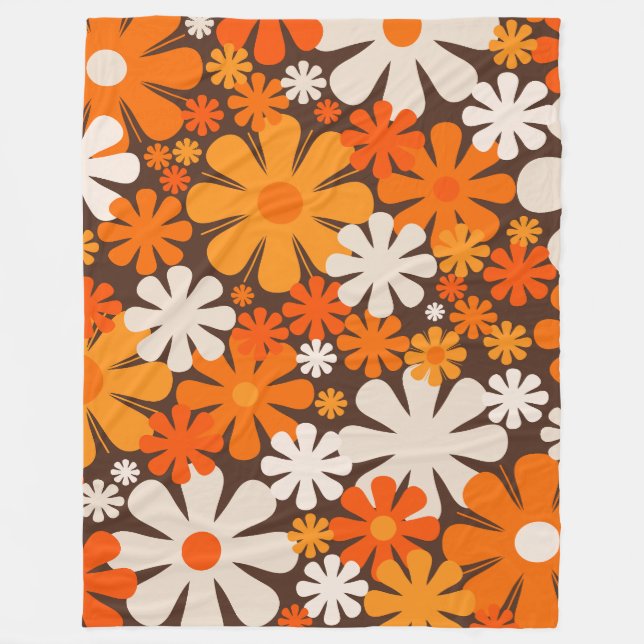 Retro-Blume 60er 70er Blumenmuster braune Orange Fleecedecke (Vorderseite)