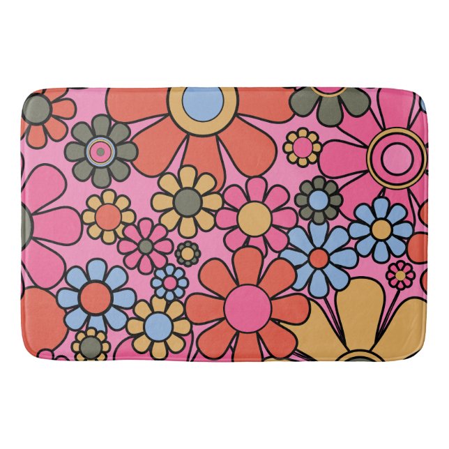 Retro-Blume 60er 70er Helles Blumenmuster Rosa Badematte (Vorderseite)