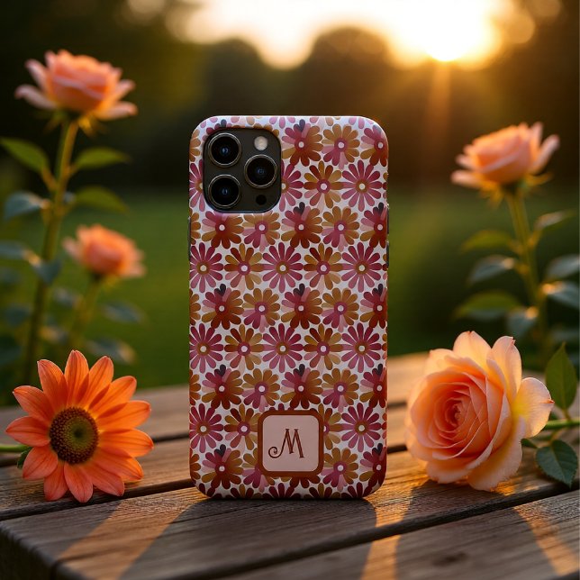 Retro-Blume ästhetisch - Mit Monogramm Case-Mate iPhone Hülle (Retro Floral Monogram Personalized Pink and Brown Case-Mate iPhone Case)