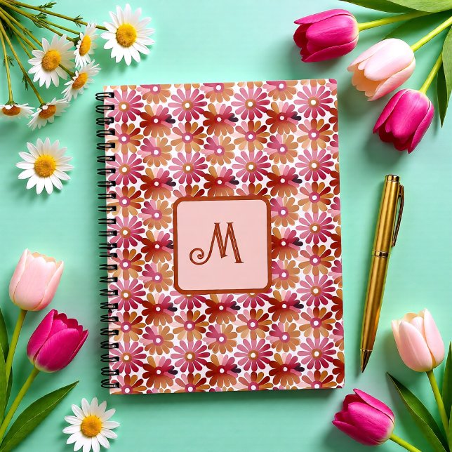 Retro-Blume ästhetisch - Mit Monogramm Notizblock (Retro Floral Monogram – Pink & Brown Flowers Notebook)