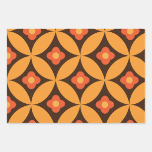Retro-Blume auf Mid Century Kreisen Orange Geschenkpapier Set