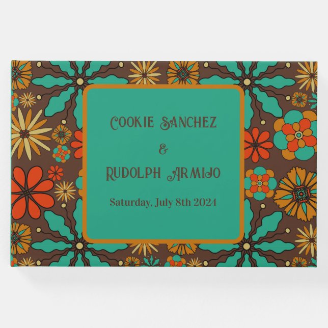Retro Blume Brown Aquamarin Rote Blumenbäume 60er Gästebuch (Vorderseite)