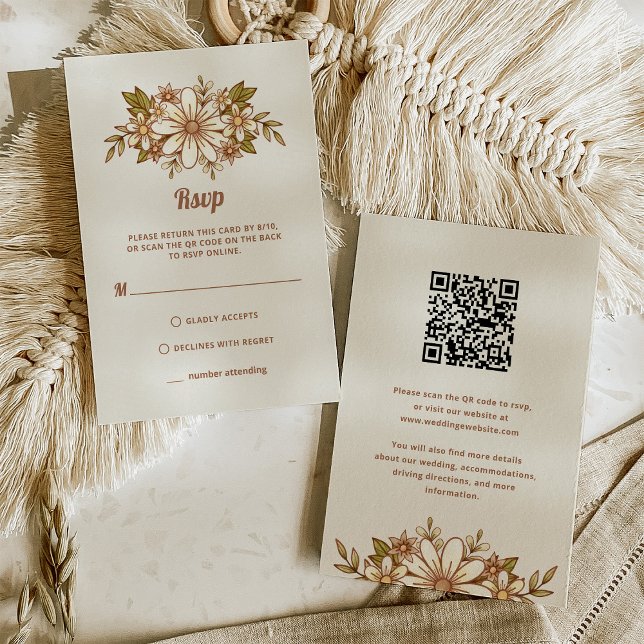Retro-Blume | Combo QR Code und Traditionelle RSVP Karte (A trendy, neutral wedding rsvp card with retro flowers)