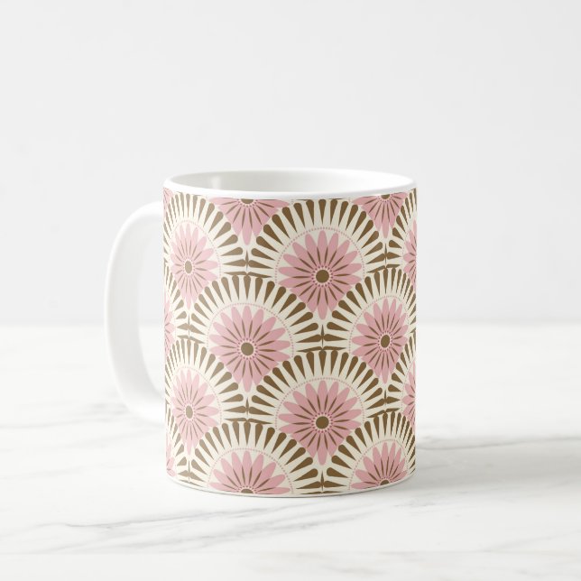 Retro-Blume des Sonnenaufgangs - rosa und braun Kaffeetasse (Vorderseite Links)