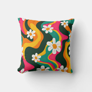 Retro-Blume Farbenfrohe 70er Hippie Muster Kissen
