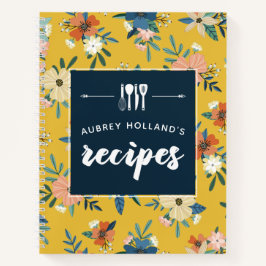 Retro-Blume Gelbes blaues Blumenmuster Rezepte Notizbuch