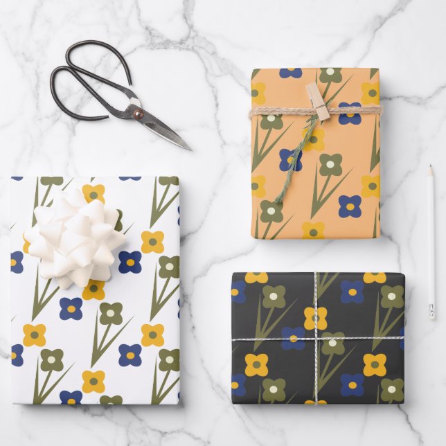 Retro-Blume Gelbes Blumengartenmuster Geschenkpapier Set (Vorderseite)
