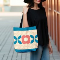 Retro-Blume, Geo-Muster Koralle, Blau, Peach
