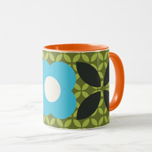 Retro-Blume, Geo-Muster leuchten blau und grün Tasse (VorderseiteRechts)