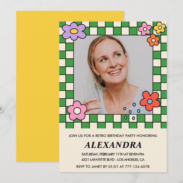 Retro Blume Groovy Foto 58. Geburtstag Einladung (Vorne/Hinten)