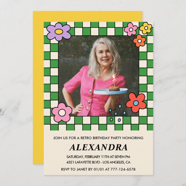 Retro Blume Groovy Foto 72. Geburtstag Einladung (Vorne/Hinten)