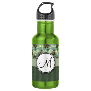 Retro-Blume, grün mit Streifen und Monogramm Trinkflasche