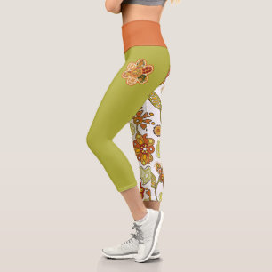 Retro Blume Hippie Orange Green Capri Leggings