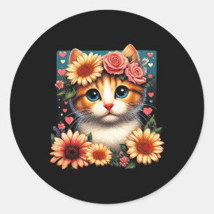 Retro Blume Katze Liebe Kite mit Blume Anim Runder Aufkleber
