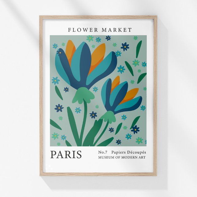 Retro Blume Market Paris Blue Orange Blume Poster (Retro Flower Market Paris Blue Orange Flowers Poster in a wooden frame on a sunny white wall.)