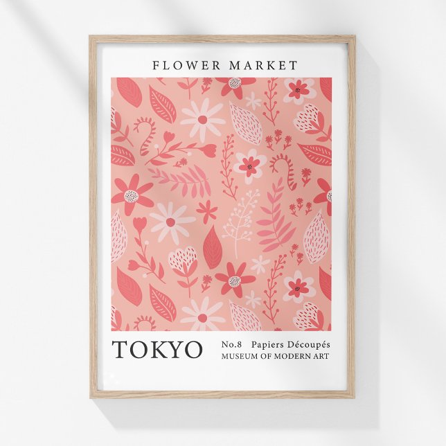 Retro Blume Markt Tokio Rosa Abstrakte Blume Poster (Retro Flower Market Tokyo Pink Abstract Flowers Poster in a wooden frame on a sunny white wall.)