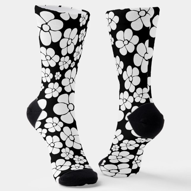 Retro Blume Muster in Weiß auf Schwarz Socken (Gewinkelt)