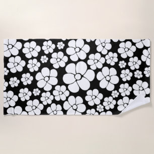 Retro Blume Muster in Weiß auf Schwarz Strandtuch