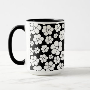 Retro Blume Muster in Weiß auf Schwarz Tasse