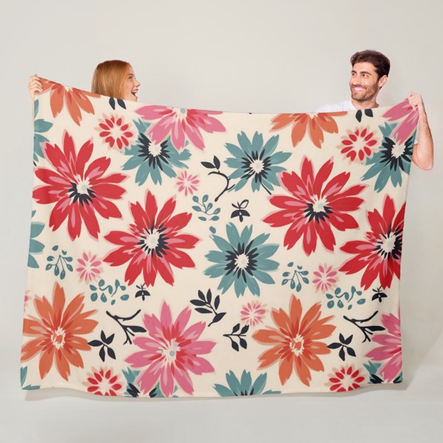 Retro Blume Muster Rot Orange Blau Fleecedecke (Beispiel)
