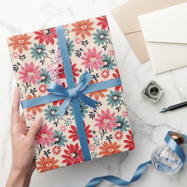 Retro Blume Muster Rot Orange Blau Geschenkpapier (Schenken)
