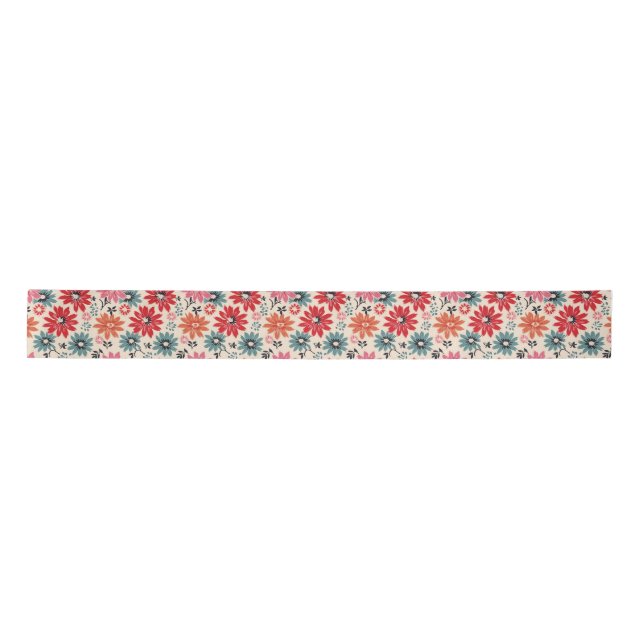 Retro Blume Muster Rot Orange Blau Satinband (Vorderseite)