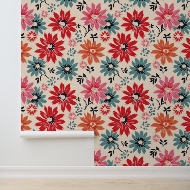 Retro Blume Muster Rot Orange Blau Tapete (Anwendung)