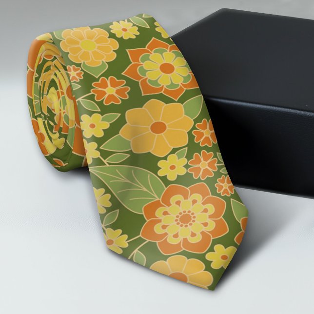 Retro-Blume - olivgrünes Orangengold Krawatte (Trendy Neck Tie Pattern)