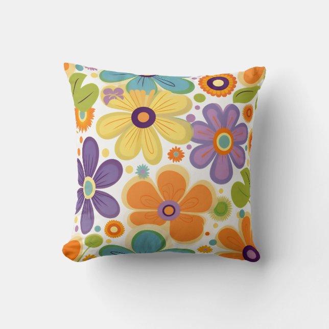 Retro Blume Orange Lilac Green Kissen (Vorderseite)