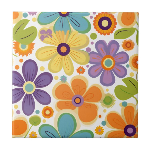 Retro-Blume Orange Lilac und Green Fliese (Vorderseite)