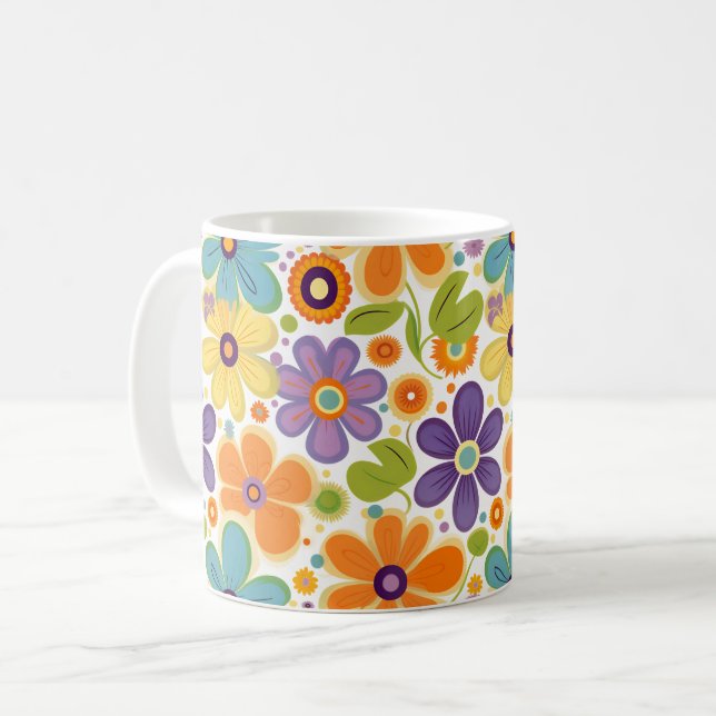 Retro-Blume Orange Lilac und Green Kaffeetasse (Vorderseite Links)
