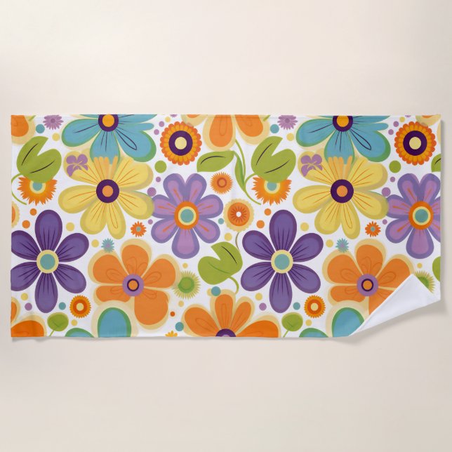 Retro-Blume Orange Lilac und Green Strandtuch (Vorderseite)