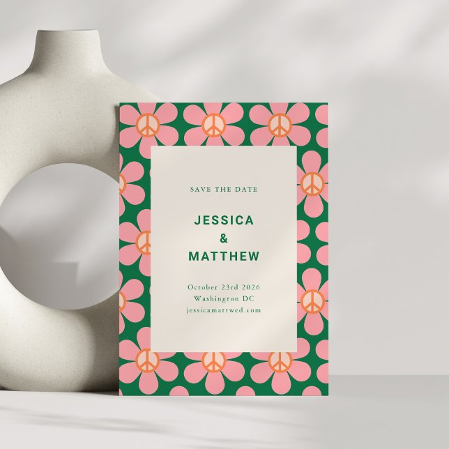 Retro Blume Peace Pink Green Groovy Hochzeit Save The Date (Von Creator hochgeladen)