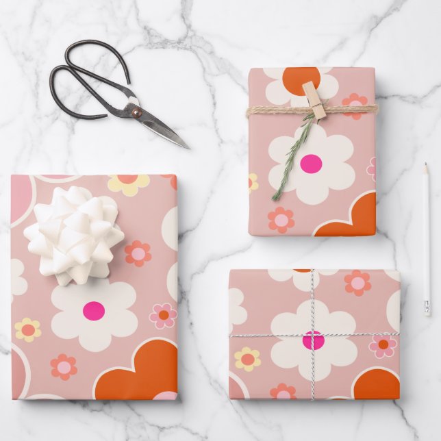 Retro-Blume Pfirsichfarben Rosa orange Geschenkpapier Set (Vorderseite)