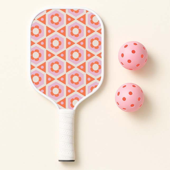 Retro-Blume Power Rosa und Orange Geometrie Pickleball Schläger (Von Creator hochgeladen)