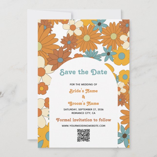 Retro-Blume-QR-Code der 70er Jahre Save The Date (Vorderseite)